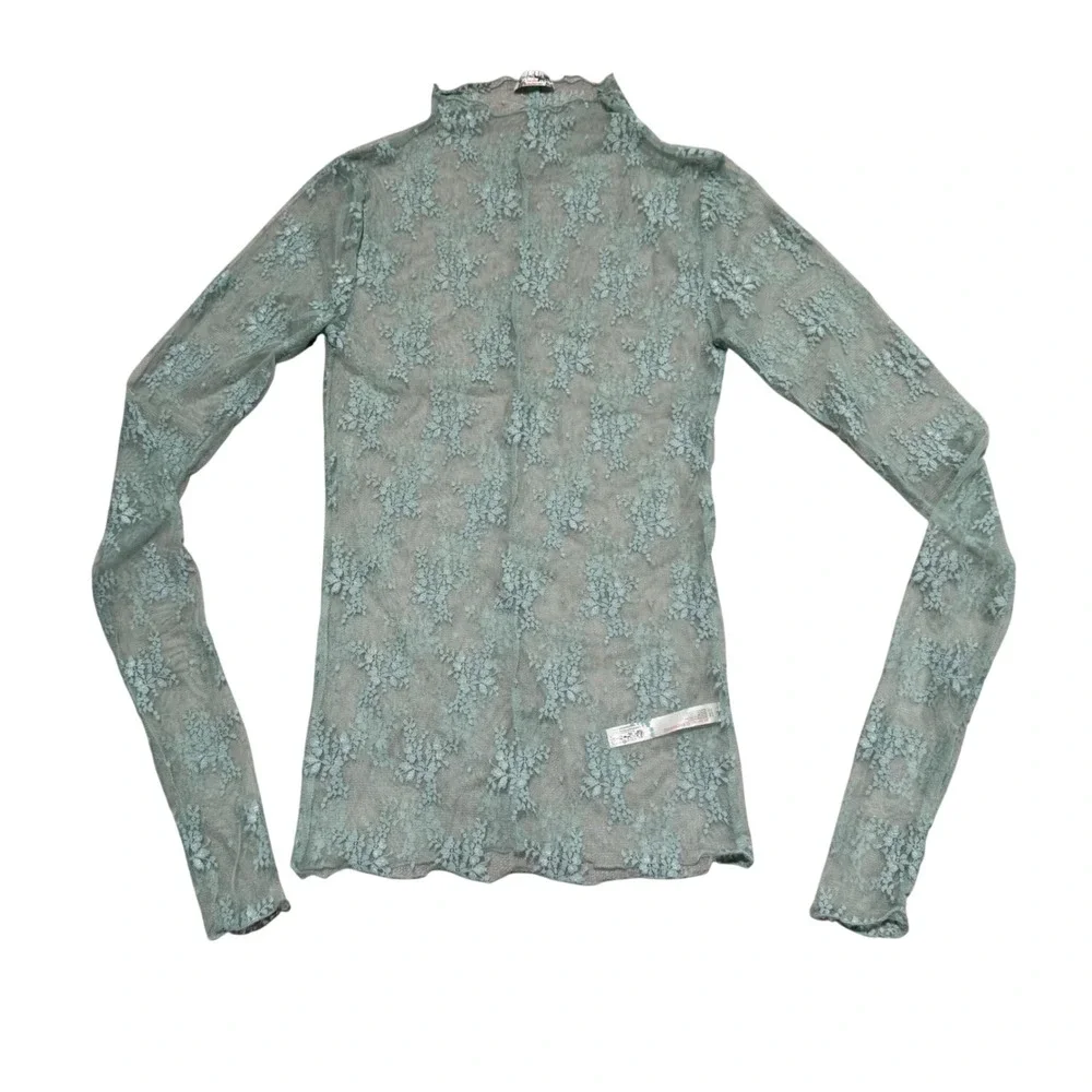 Free People Intimately Sheer Floral Lace Mock Neck Top Blouse Green Blue Small